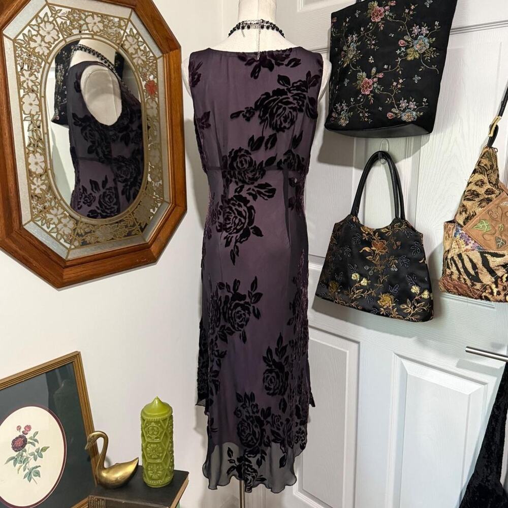 VTG Y2K Robbie Bee Black & Pink/Purple Floral Velvet Burnout Beaded Silk Dress - Picture 5 of 8